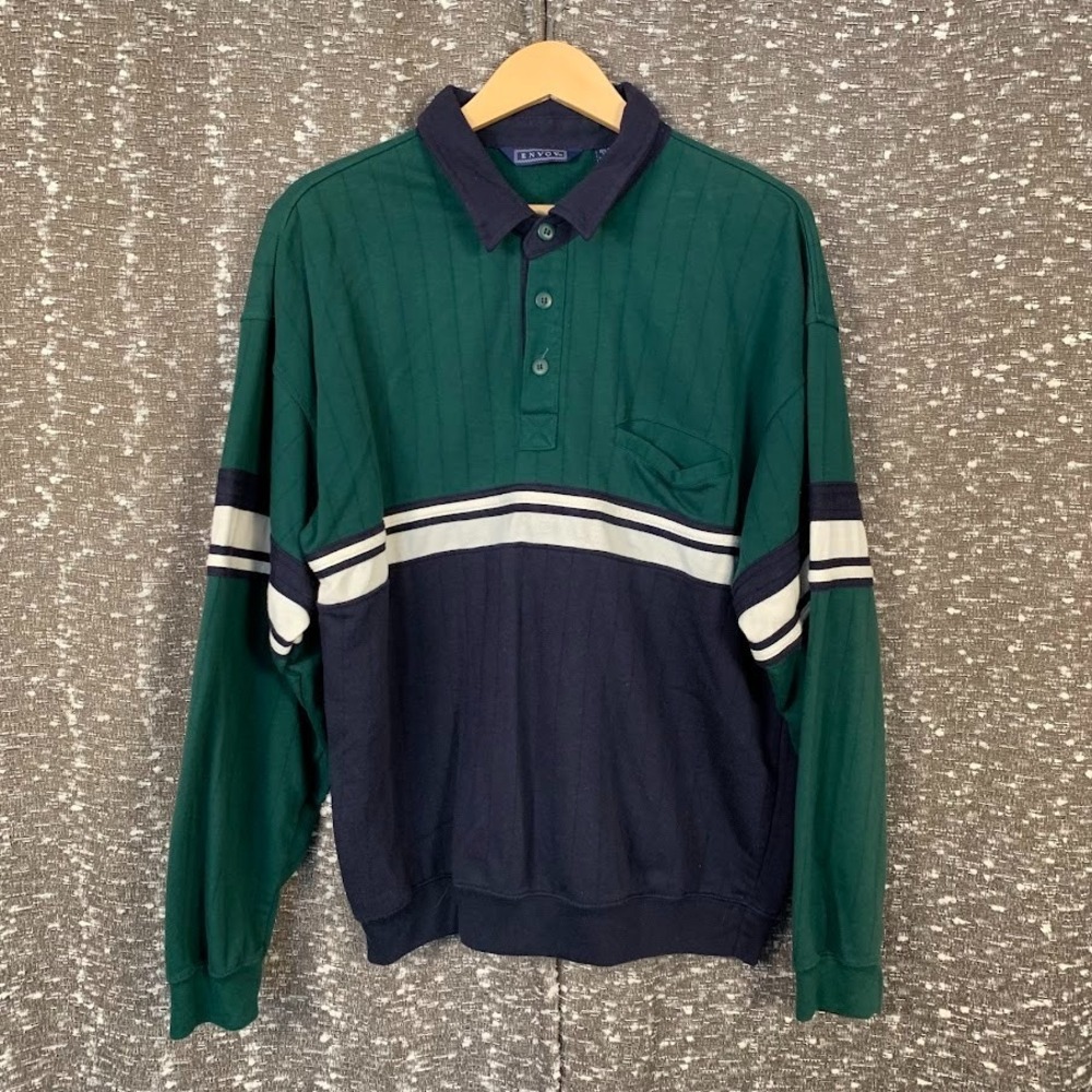 Vintage Envoy Long‎ Sleeve Striped Polo Rugby Golf Shirt Men's Large